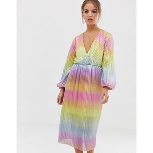 ASOS DESIGN pleated glitter rainbow midi tea dress